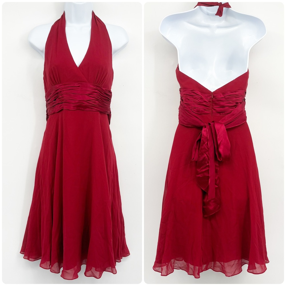 Maggy London Womens Red Silk Romantic Party Ruched Halter Y2K Cocktail Dress 4P